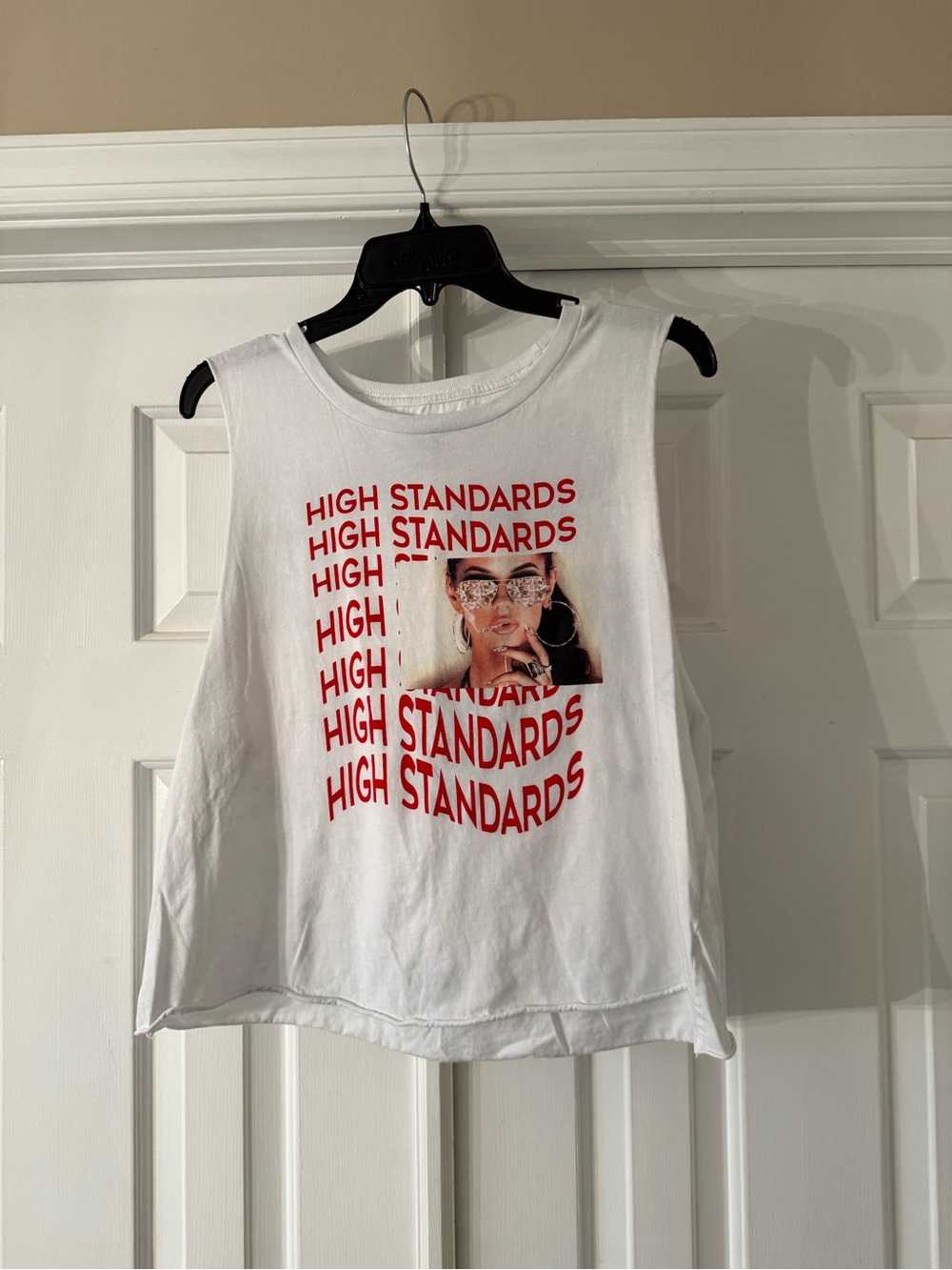 White Graphic Muscle Tee with Red "High Standards" Print